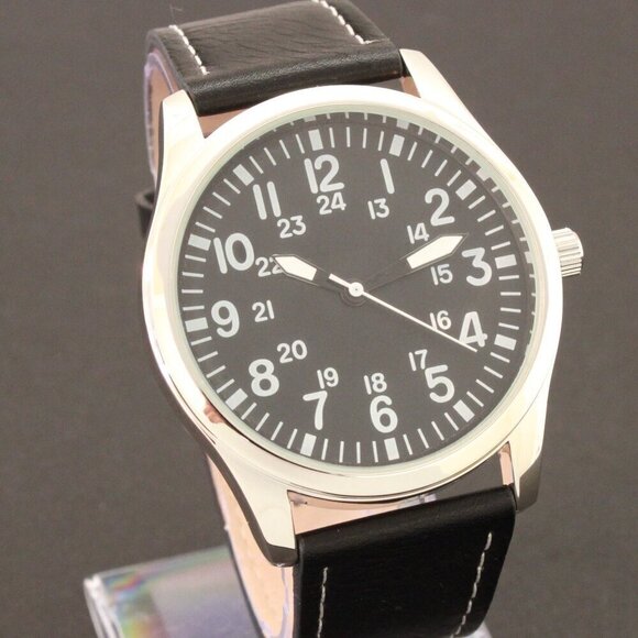 Men's Quartz Field Watch Silver Case Black Leather Strap 42mm - Picture 5 of 12